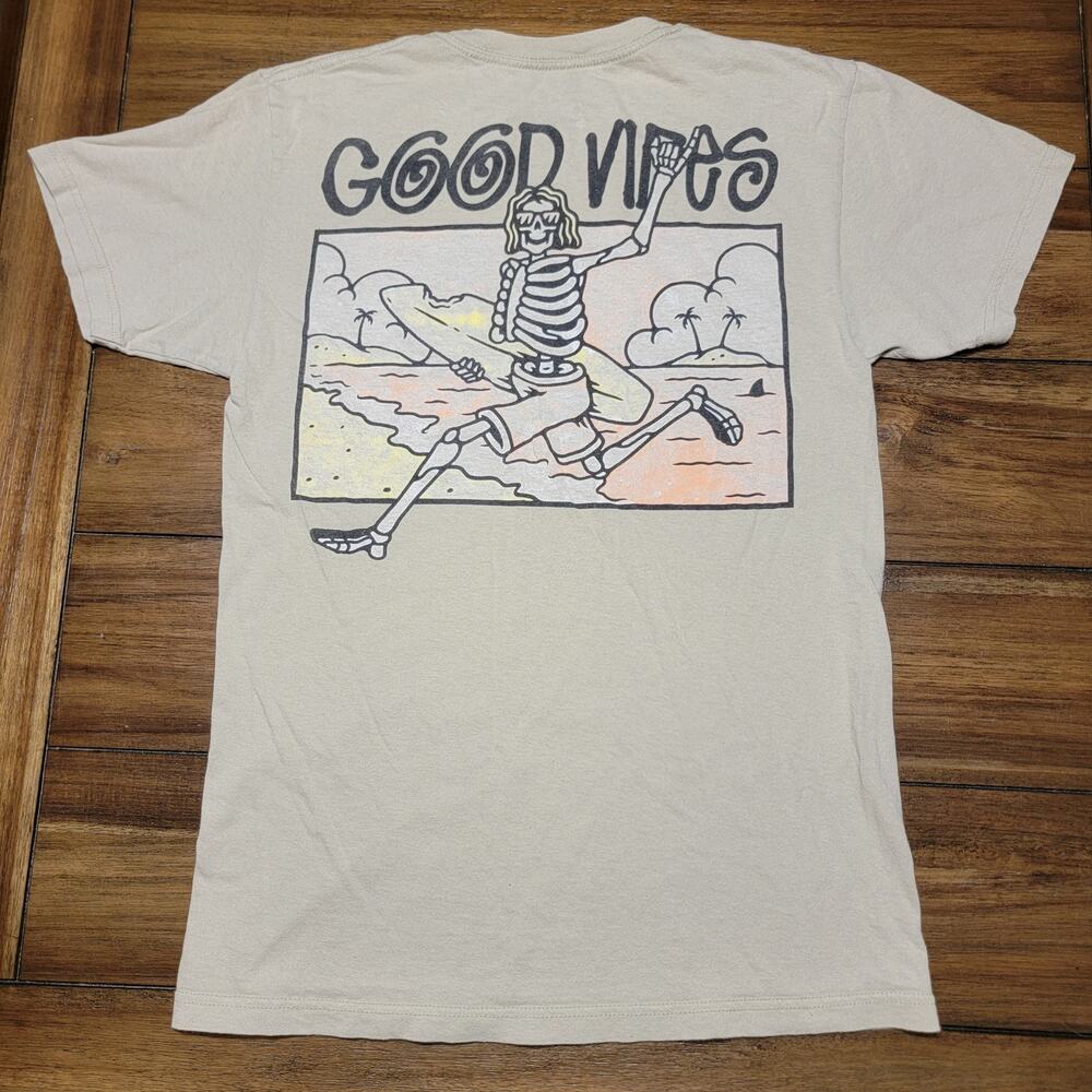 Call Your Mother Beige Unisex Tee "Good Vibes" Skeleton Surf Board - Size Small
